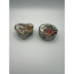Vintage Shibata Japan Porcelain Trinket Box Set Heart & Hexagon Floral Gold Trim